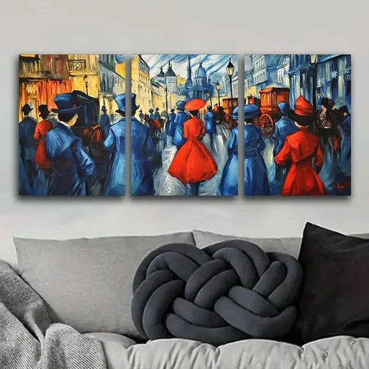 3pcs  Vibrant Market Scene with People in Red Blue Metal Print Ready to Hang Art