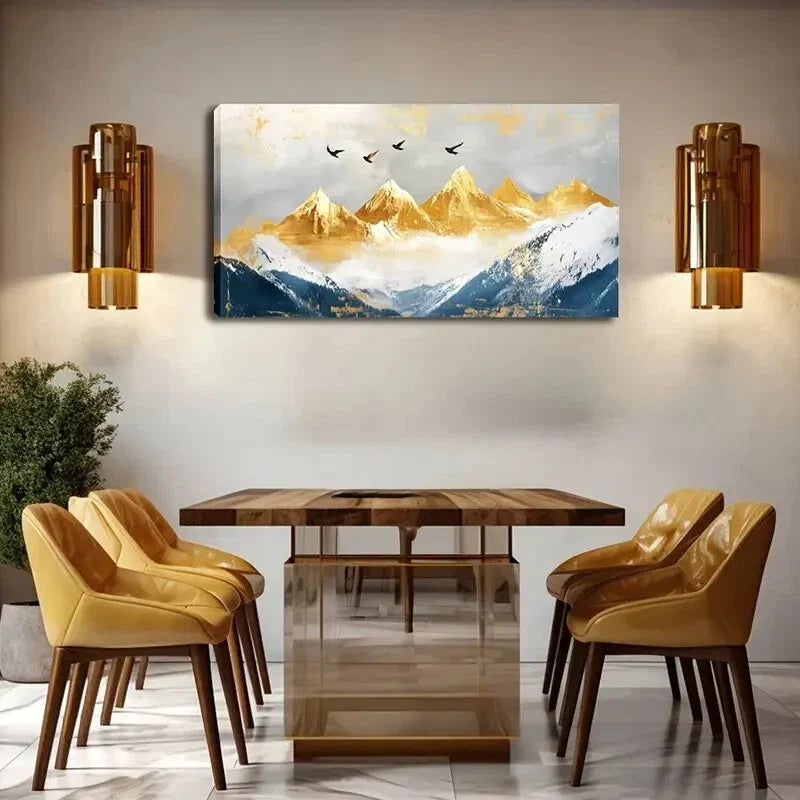 Golden Peaks & Snowy Peaks Wall Art Canvas Office Home Room Framed 80x45cm