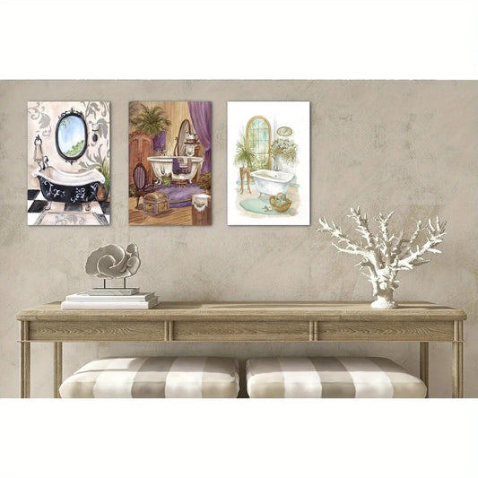 3pcs Rustic Vintage Style Bathtub Metal Print Ready to Hang Art
