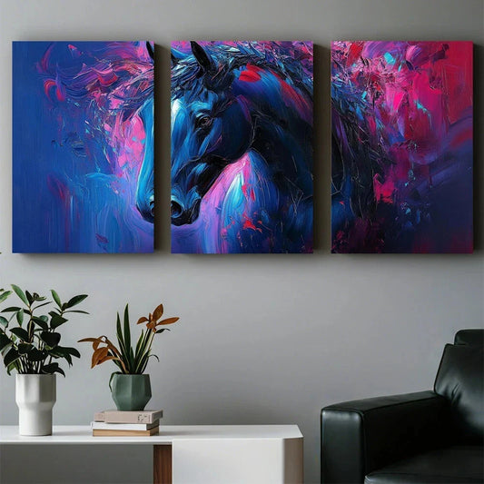 3pcs Abstract Painting Blue Horse Style Metal Print Ready to Hang Art