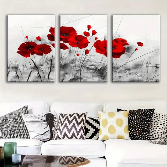 3pcs Red Poppy Flower Metal Print Ready to Hang Art