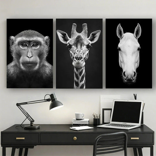 3pcs Black And White Wild Animal Metal Print Ready to Hang Art