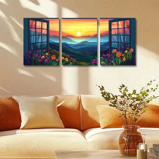 3pcs Modern Window View with Colorful Flowers Metal Print Ready to Hang Art