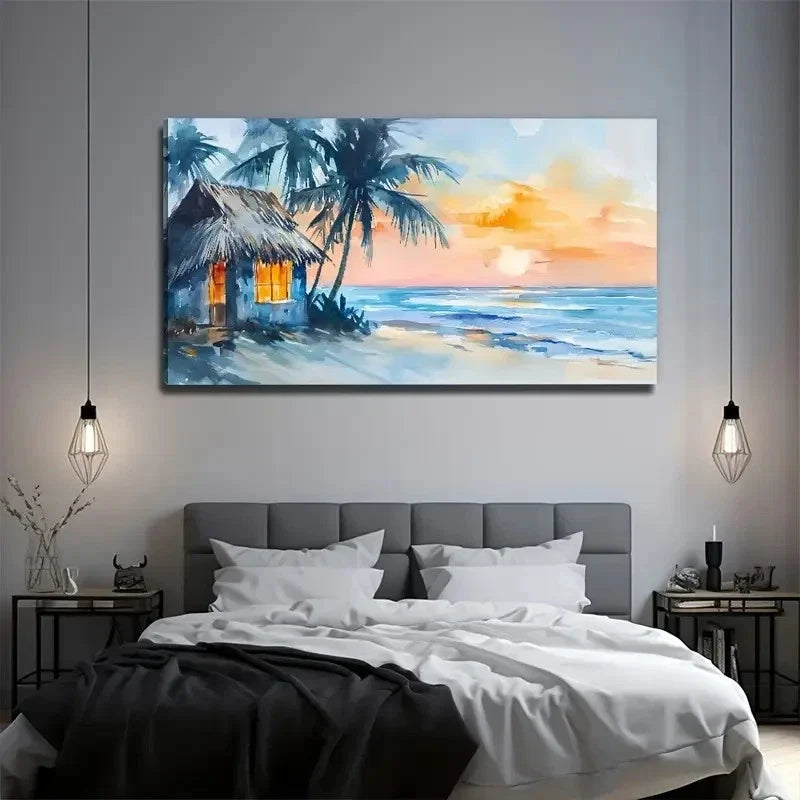 Colorful Beach Side Grass House Wall Art Canvas Office Home Room Framed 80x45cm