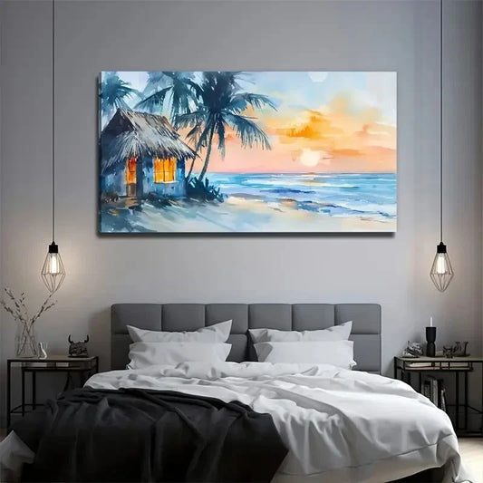 Colorful Beach Side Grass House Wall Art Canvas Office Home Room Framed 80x45cm