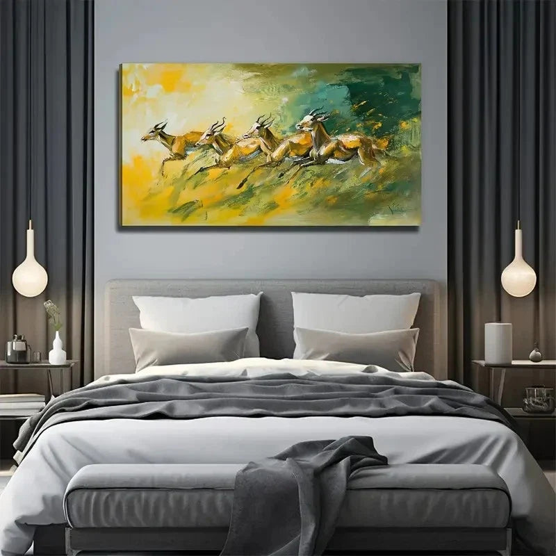 Deer Running On The Grassland Wall Art Canvas Office Home Room Framed 80x45cm