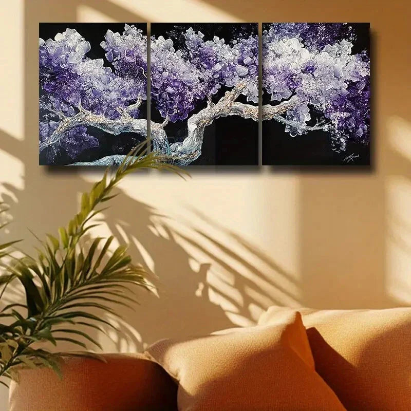 3pcs Purple and White Tree with Black Background Metal Print Ready to Hang Art
