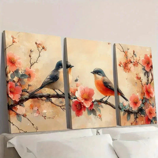 3pcs Vintage Peony Flowers And Birds Wall Art Set Canvas Framed 40x60cm - High Quality Print 100% Australian Made Wall Canvas Ready to Hang