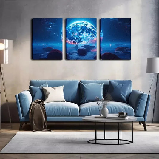 3pcs Giant Bright Moon  Wall Art Set Canvas Framed 40x60cm - High Quality Print 100% Australian Made Wall Canvas Ready to Hang