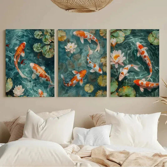 3pcs Vibrant Orange & Green Aquatic Theme Metal Print Ready to Hang Art