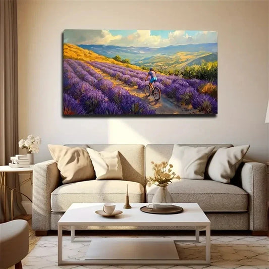 Vibrant Lavender Fields Cyclist Wall Art Canvas Office Home Room Framed 120x60cm