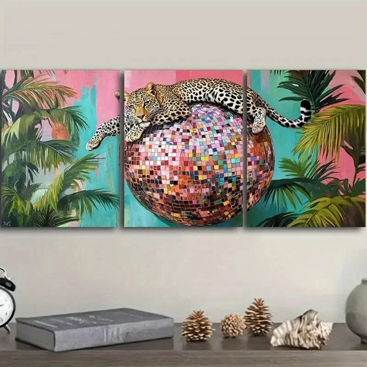 3pcs A Leopard On A Disco Ball Painting Art Metal Print Ready to Hang Art