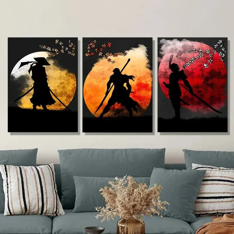 3pcs  Moon Warrior Silhouette, Epic Samurai   Metal Print Ready to Hang Art