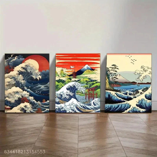 3pcs Ocean Waves and Mount Fuji Landscape Metal Print Ready to Hang Art