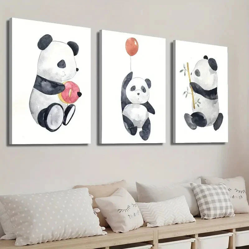 3pcs Adorable Panda with Donut Balloon & Bamboo Wall Art Set Canvas Framed 40x60cm - High Quality Print 100% Australian Made Wall Canvas Ready to Hang
