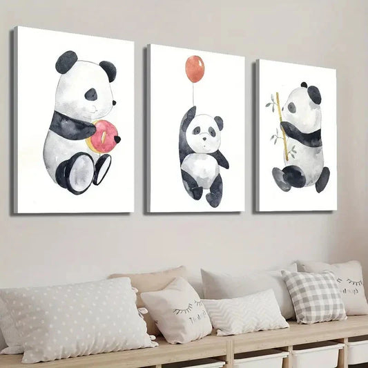 3pcs Adorable Panda with Donut Balloon & Bamboo Wall Art Set Canvas Framed 40x60cm - High Quality Print 100% Australian Made Wall Canvas Ready to Hang
