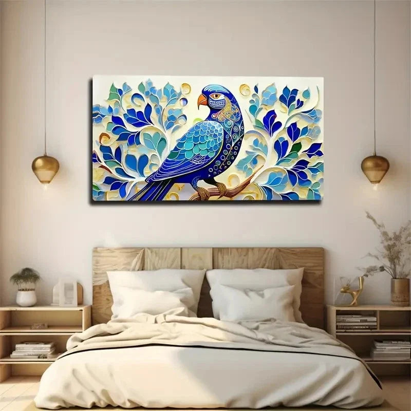 Vibrant Blue Peacock Wall Art Canvas Office Home Room Framed 80x45cm