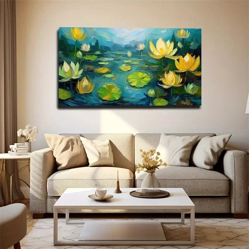 Serene Lotus Pond Scene Wall Art Canvas Office Home Room Framed 80x45cm