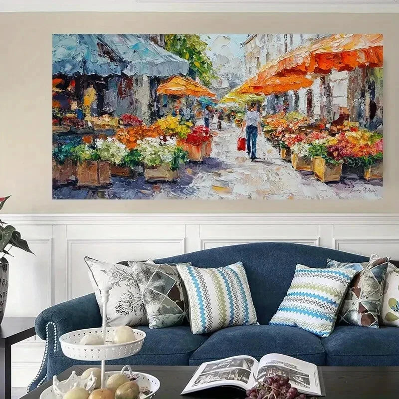 Vibrant Street Scene Market Wall Art Canvas Office Home Room Framed 120x60cm
