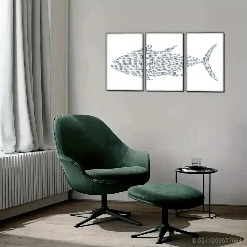 3pcs Minimalist Black & White Underwater Shark Metal Print Ready to Hang Art