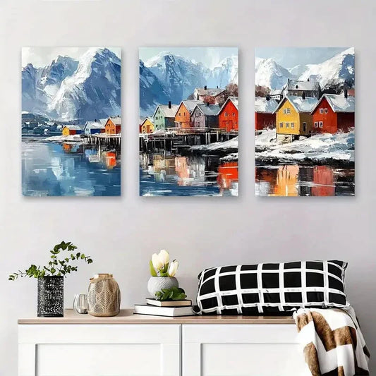 3pcs Colorful Nordic Village Winter Landscape Metal Print Ready to Hang Art