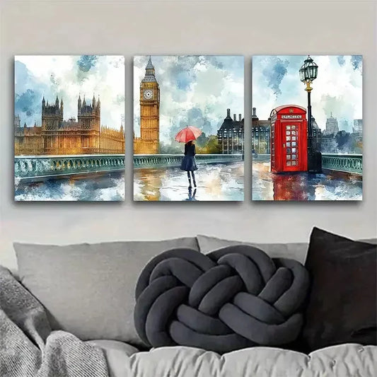 3pcs elegant London Landmarks watercolor Wall Art Set Canvas Framed 40x60cm - High Quality Print 100% Australian Made Wall Canvas Ready to Hang