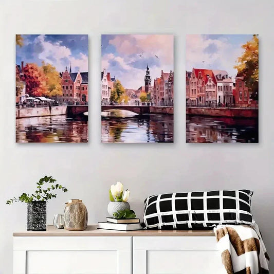 3pcs Modern Classic Art Deco Vertical Bruges Metal Print Ready to Hang Art