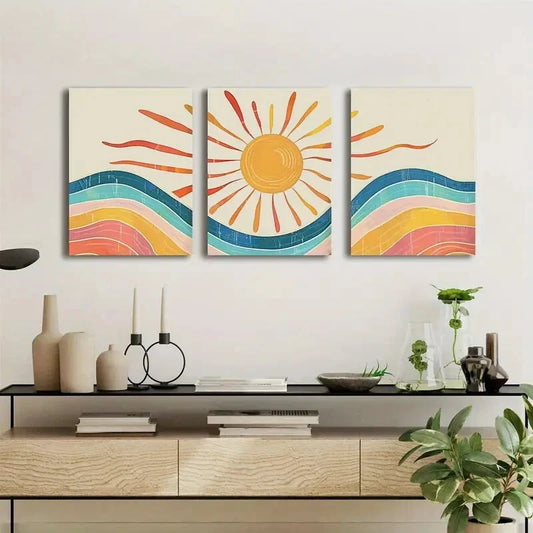 3pcs Bohemian Style Sun Mid-Century Abstract Metal Print Ready to Hang Art