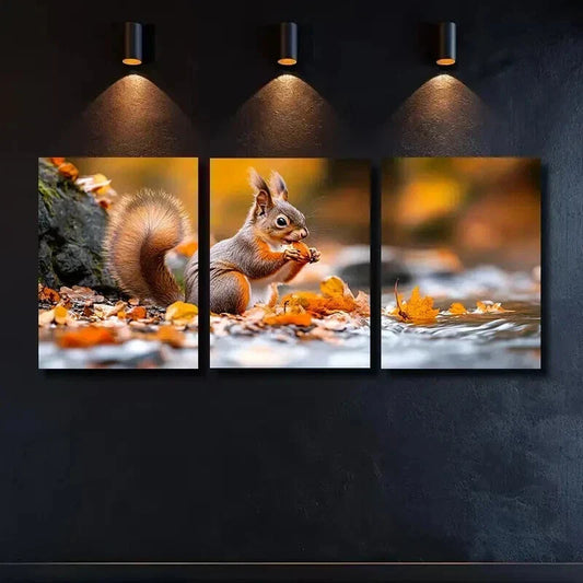 3pcs A Cute Squirrel is Sitting on the Bank Wall Art Set Canvas Framed 40x60cm - High Quality Print 100% Australian Made Wall Canvas Ready to Hang
