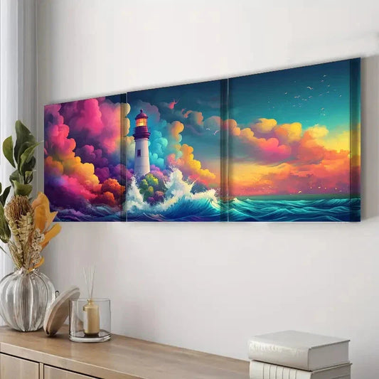 3pcs Lighthouse on the Sea Colorful Sky Perfect Wall Wall Art Set Canvas Framed 40x60cm - High Quality Print 100% Australian Made Wall Canvas Ready to Hang