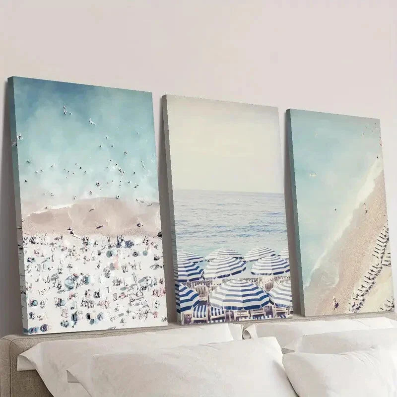 3pcs  Beach Umbrellas, Blue And White Wall Art Set Canvas Framed 40x60cm - High Quality Print 100% Australian Made Wall Canvas Ready to Hang