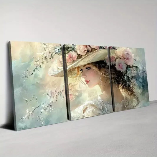 3pcs Beautiful Fashion  Lady with Floral Hat Wall Art Set Canvas Framed 40x60cm - High Quality Print 100% Australian Made Wall Canvas Ready to Hang