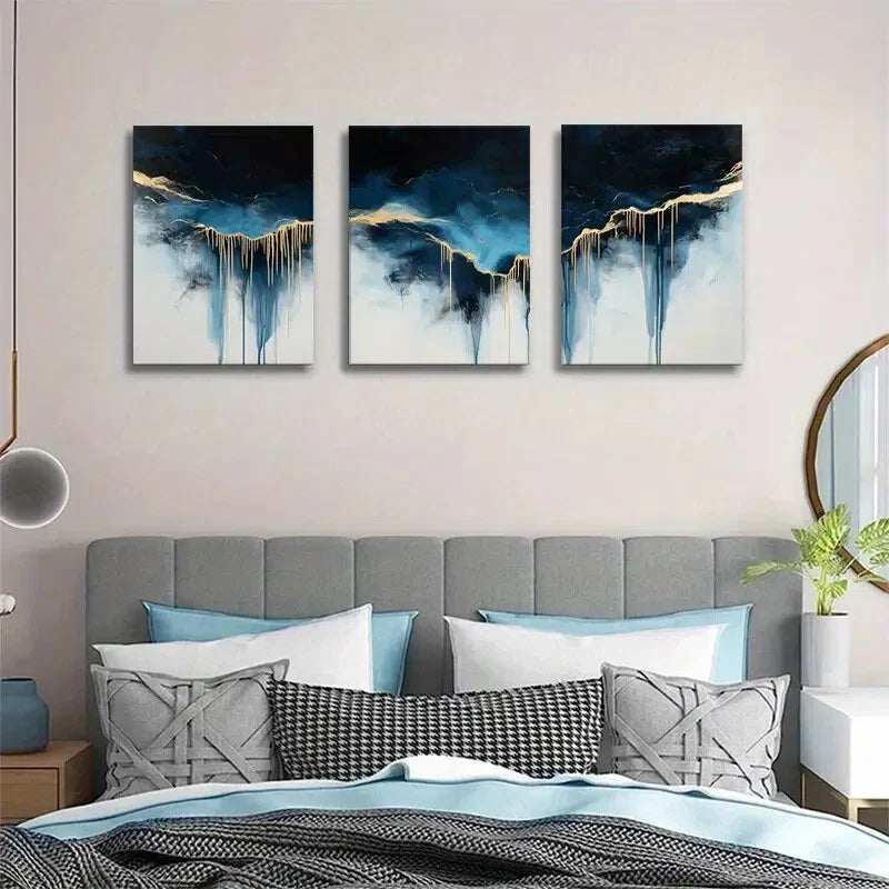 3pcs Modern Luxury Abstract Blue & Golden Drip Metal Print Ready to Hang Art