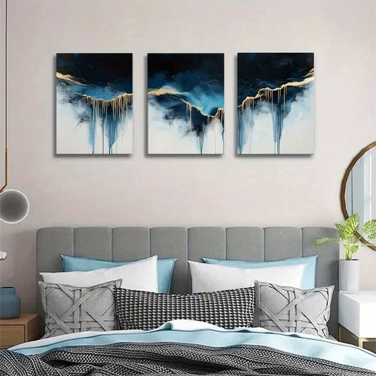 3pcs Modern Luxury Abstract Blue & Golden Drip Metal Print Ready to Hang Art