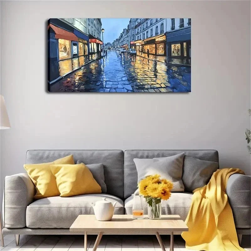 Rainy Night City Street Scene Wall Art Canvas Office Home Room Framed 120x60cm