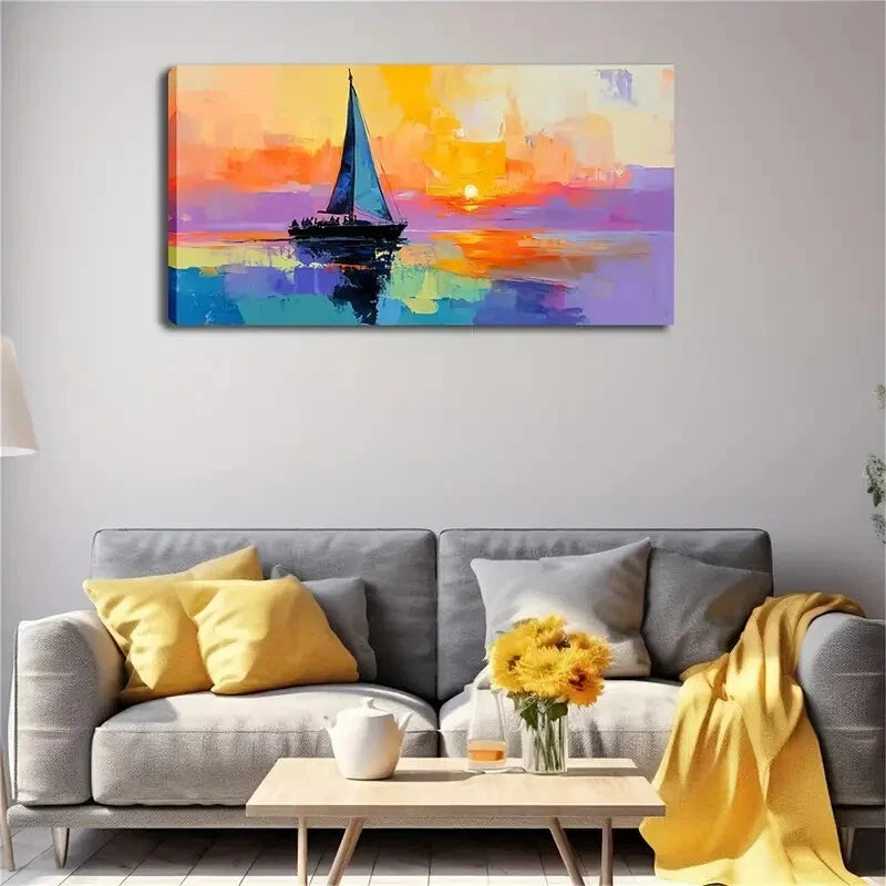 Sailing Boat Sunset Scene Wall Art Canvas Office Home Room Framed 120x60cm