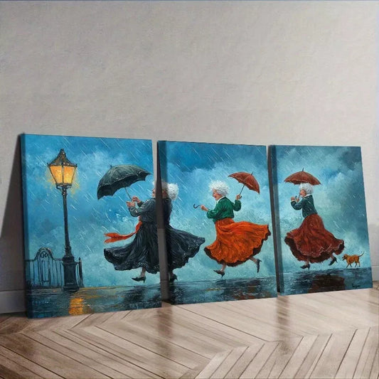 3pcss Featuring a Theme of Dancing in The Rain Wall Art Set Canvas Framed 40x60cm - High Quality Print 100% Australian Made Wall Canvas Ready to Hang