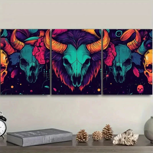 3pcs Art Deco Skulls and Bison Metal Print Ready to Hang Art