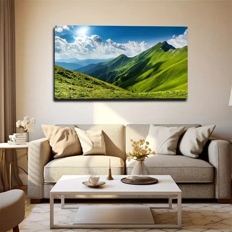 Spring Season Grassy Hills Wall Art Canvas Office Home Room Framed 80x45cm