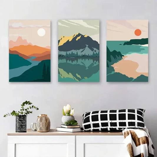 3pcs Abstract Landscape Geometric Mountain Metal Print Ready to Hang Art