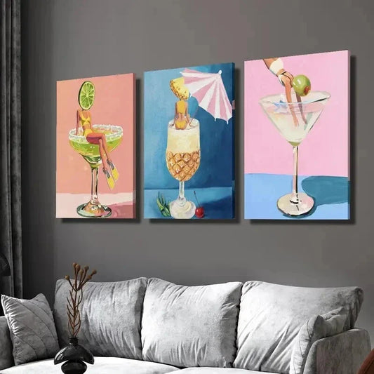 3pcs Woman in Cocktail Wine Glass Wall Art Set Canvas Framed 40x60cm - High Quality Print 100% Australian Made Wall Canvas Ready to Hang