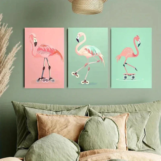 3pcs Pink Flamingo Scooter Metal Print Ready to Hang Art
