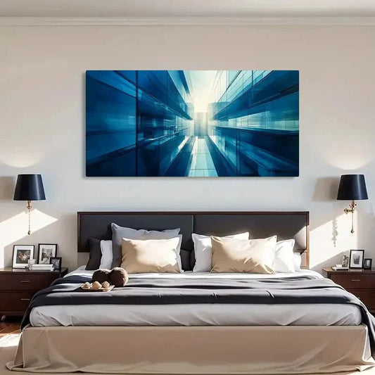 Symmetrical Blue Glass Light Wall Art Canvas Office Home Room Framed 120x60cm