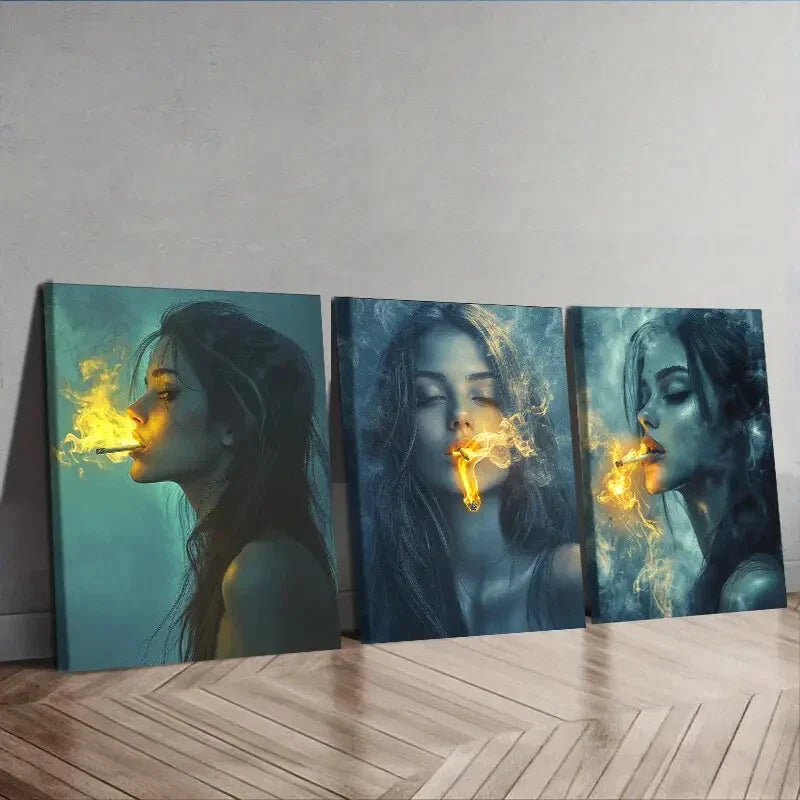 3pcs The woman puffed her smoke Wall Art Set Canvas Framed 40x60cm - High Quality Print 100% Australian Made Wall Canvas Ready to Hang