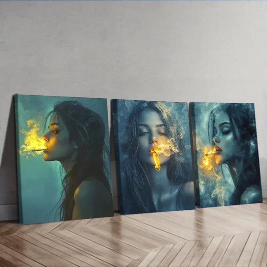 3pcs The woman puffed her smoke Wall Art Set Canvas Framed 40x60cm - High Quality Print 100% Australian Made Wall Canvas Ready to Hang