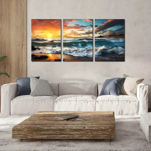 3pcs  Sunset with Ocean Waves, Vibrant Metal Print Ready to Hang Art