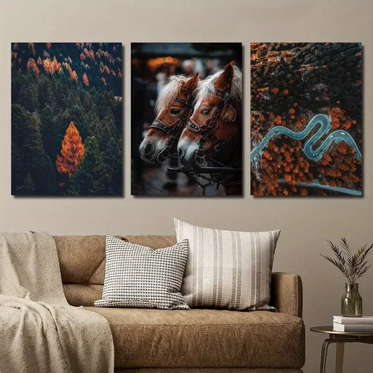 3pcs Dense Forest Horse Animal Trees Road Metal Print Ready to Hang Art