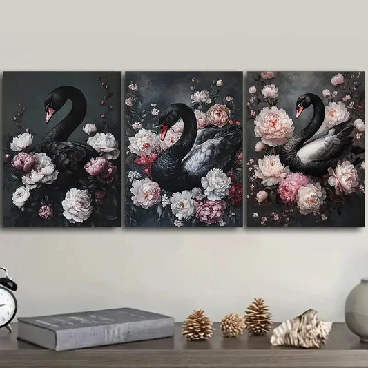 3pcs Very elegant black swan   Metal Print Ready to Hang Art