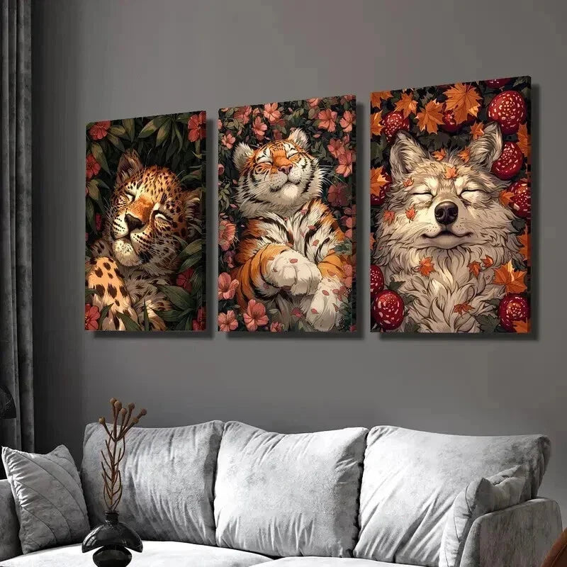 3pcs Leopard Tiger Wolf Sleeping on Flowers Wall Art Set Canvas Framed 40x60cm - High Quality Print 100% Australian Made Wall Canvas Ready to Hang
