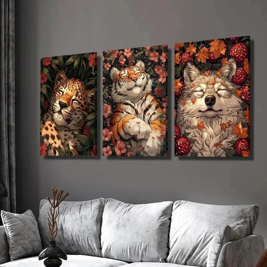3pcs Leopard Tiger Wolf Sleeping on Flowers Wall Art Set Canvas Framed 40x60cm - High Quality Print 100% Australian Made Wall Canvas Ready to Hang